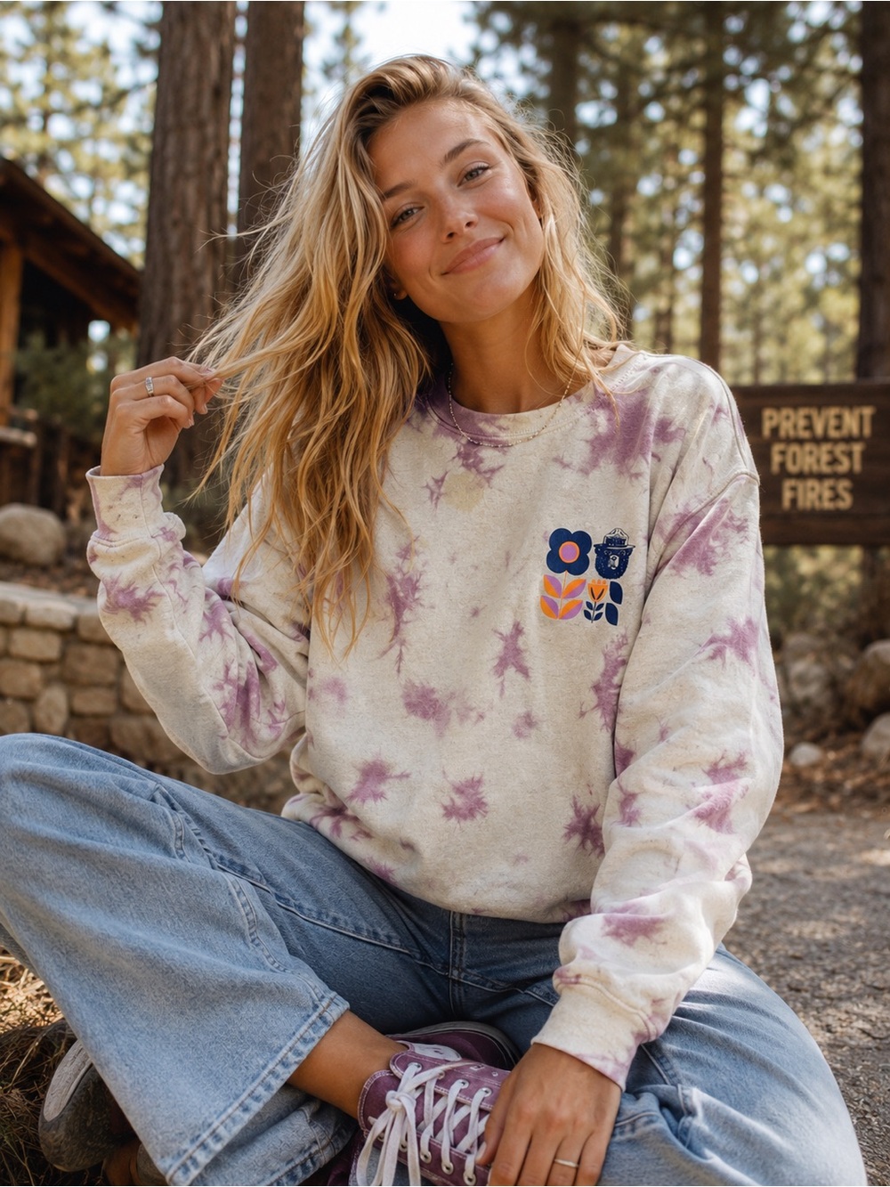 Smokey Bear Purple Tie Dye Prevent Forest Fires Graphic Crewneck Sweatshirt